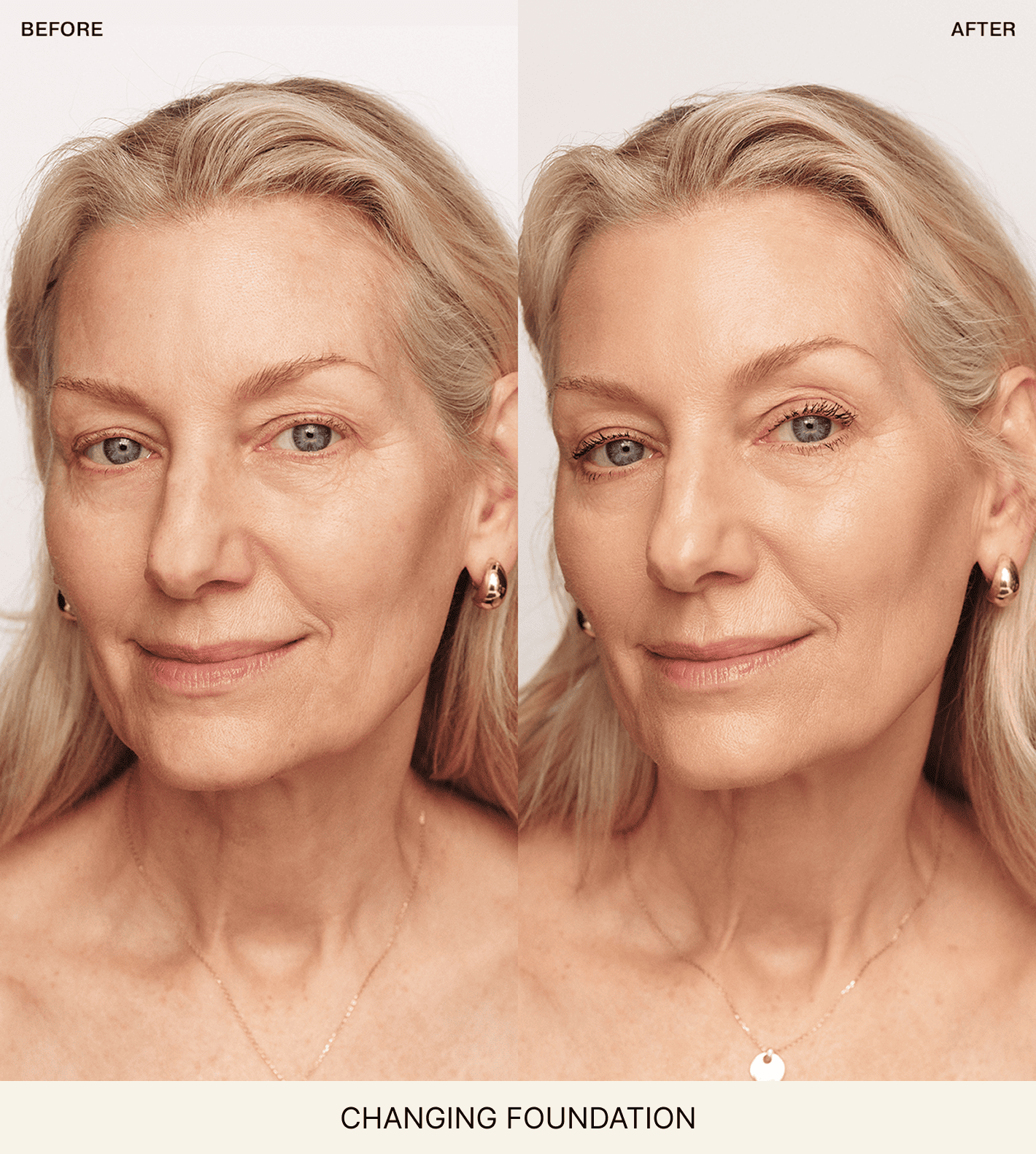Changing Foundation voor en na vergelijking bij een rijpere vrouw die roodheid camoufleert voor een egale finish