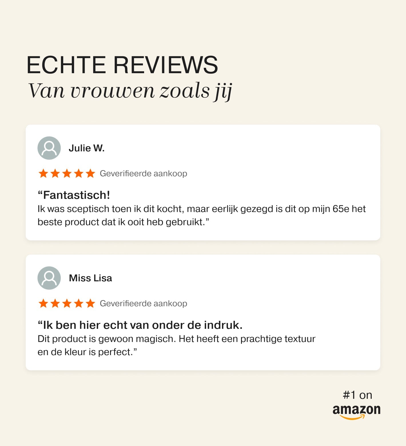 Klantbeoordelingen met vijfassige ratings en positieve feedback op een crèmekleurige achtergrond voor Meroda Cosmetics