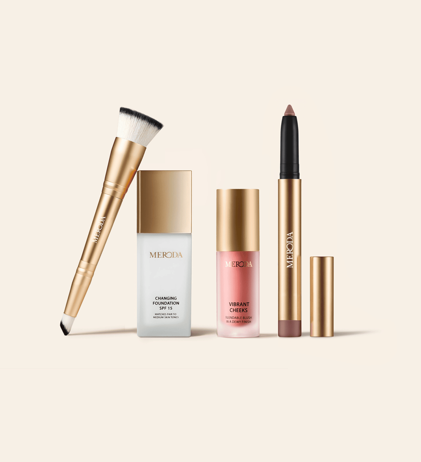 The Daily Routine Set met Changing Foundation, Vibrant Cheeks liquid blush, shimmer stick en gouden 2-in-1 brush.