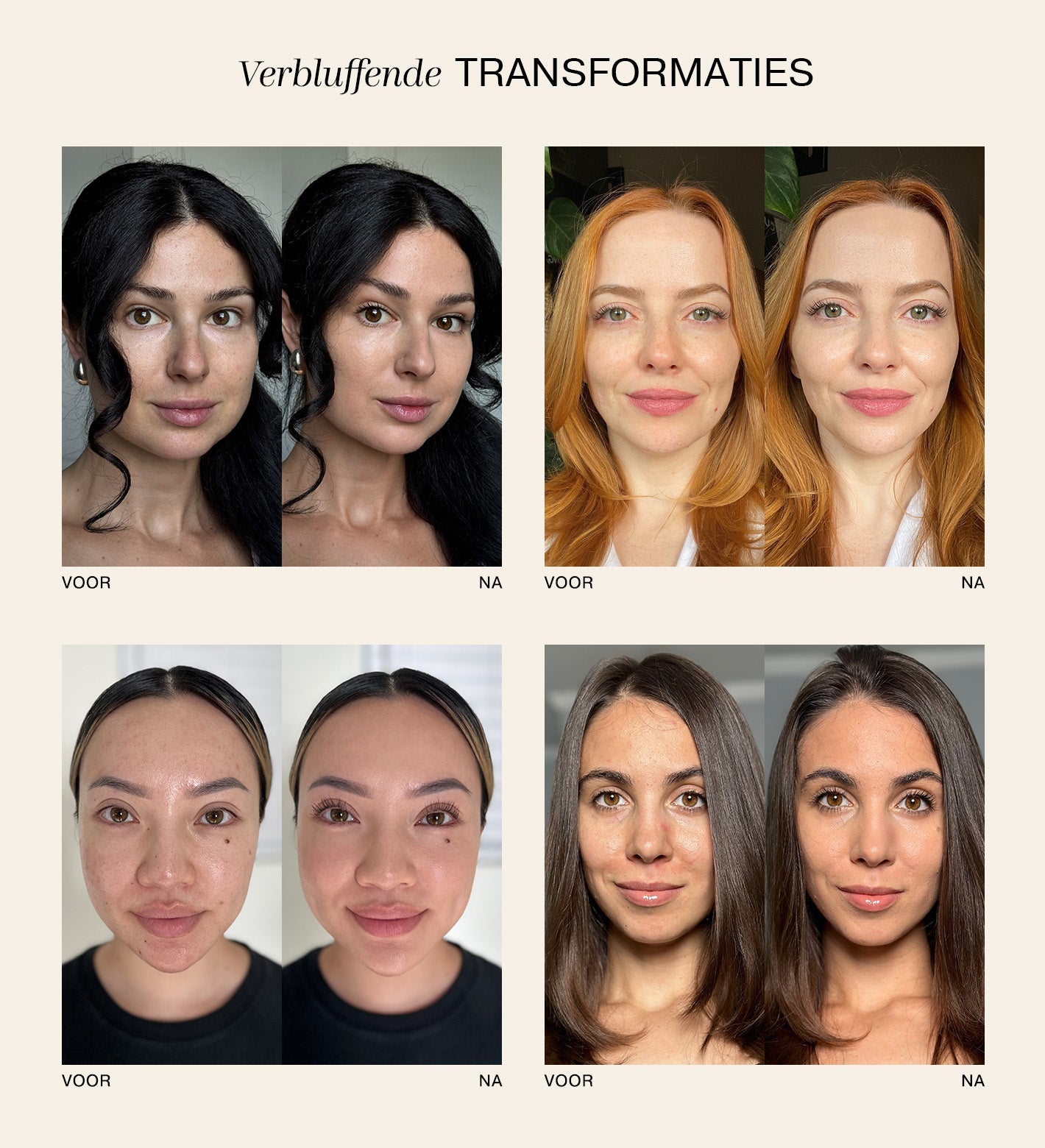 Voor en na transformatie van de Changing Foundation op verschillende huidtinten met natuurlijke dekking