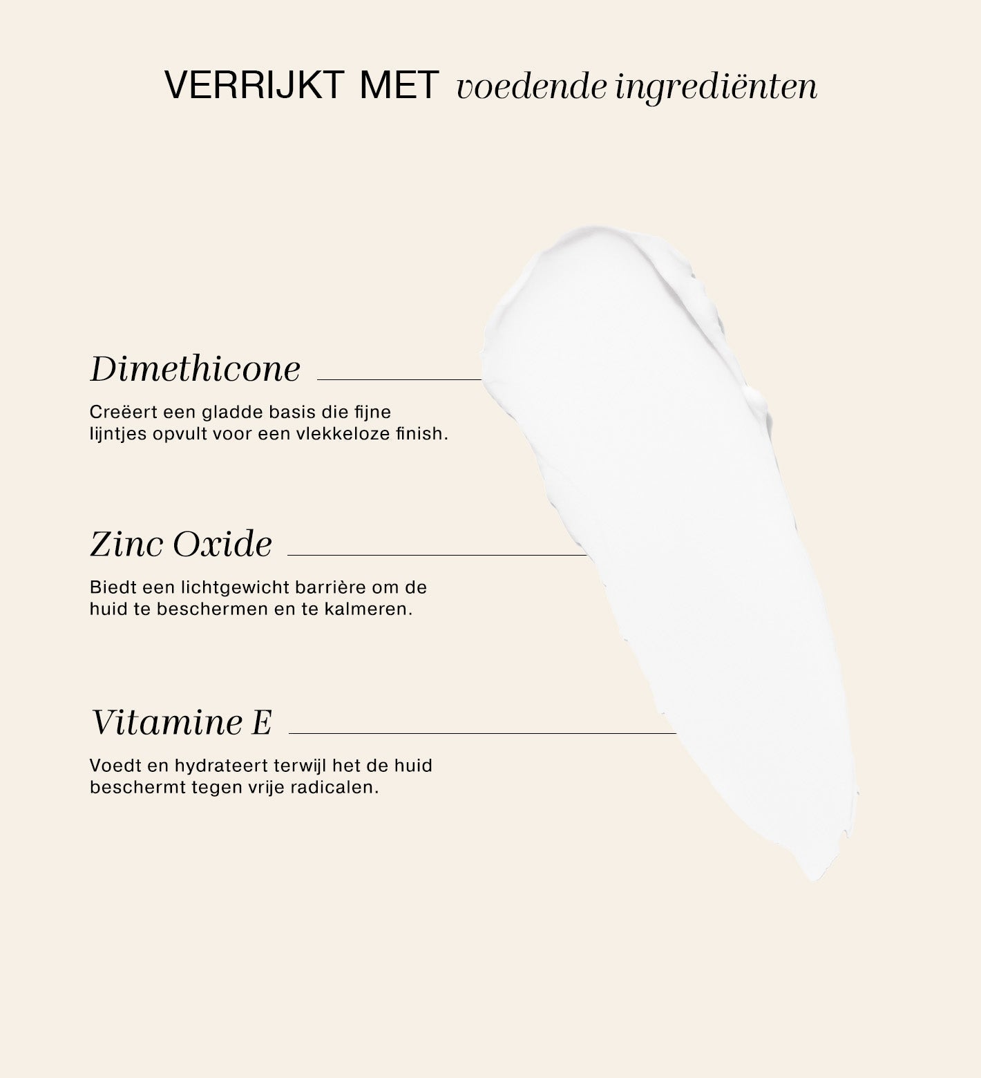 Velvet Skin Primer met een witte swatch en voedende ingrediënten Dimethicone, Zinkoxide en Vitamine E