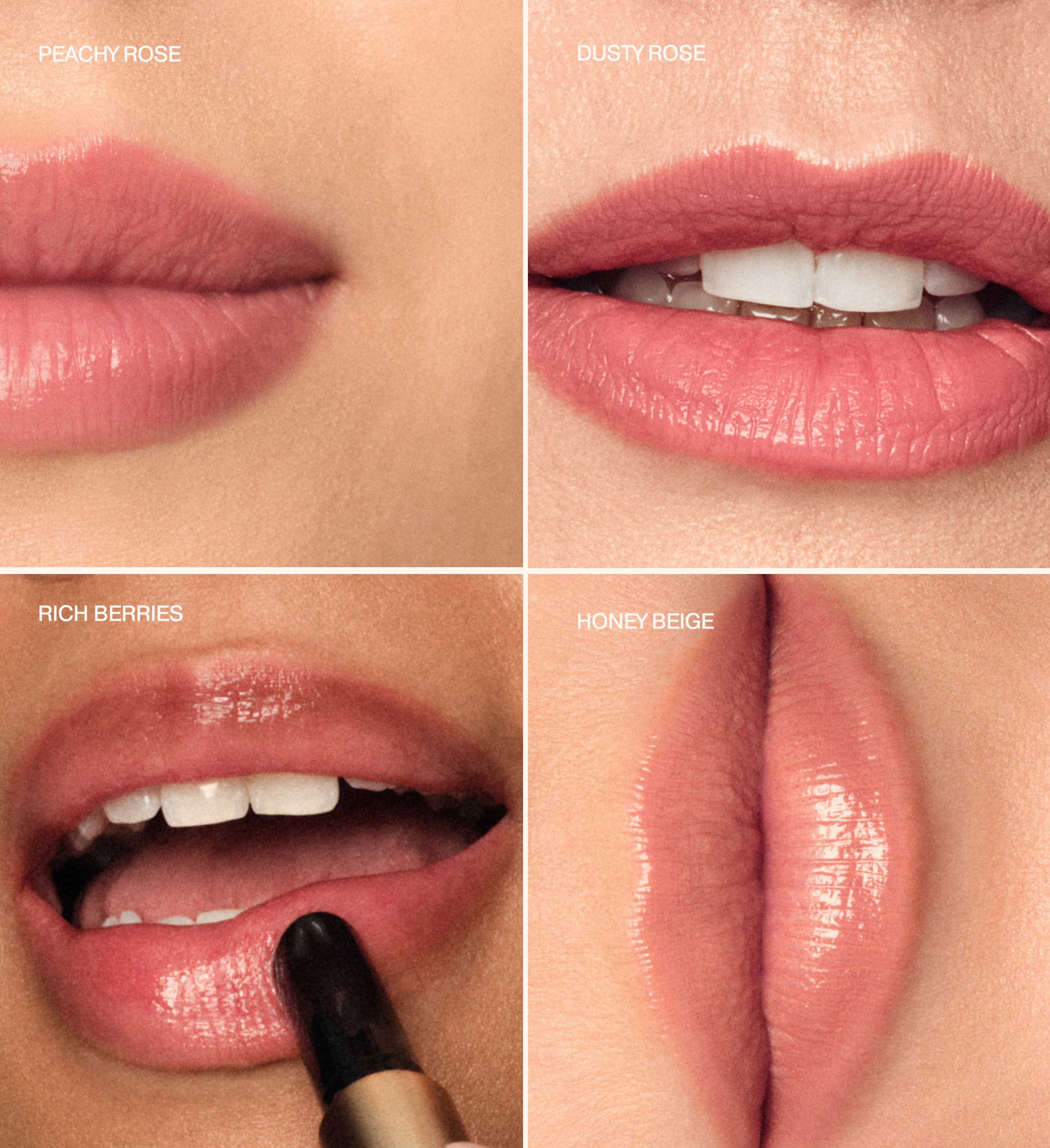 Vierluik met lippen waarop de Hydrating Lip Tint tinten Peachy Rose, Dusty Rose, Rich Berries en Honey Beige te zien zijn.